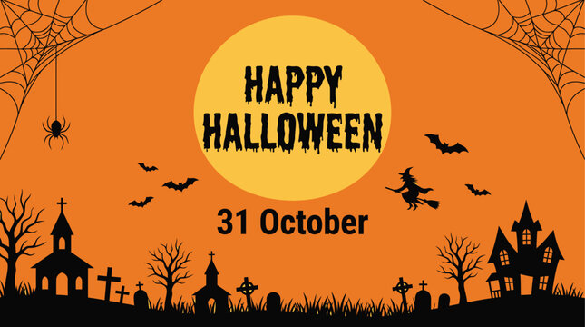 Celebrate the spooky season with this vibrant halloween background featuring a full moon silhouetted haunted house and playful bats soaring across an orange sky