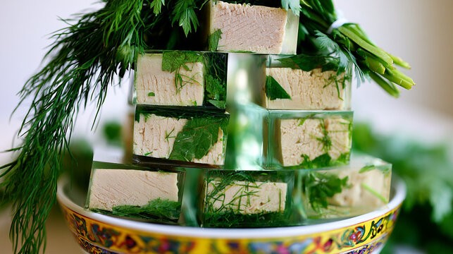 Stacked jelly aspic cubes garnished with fresh dill and parsley savory jelly aspic stack