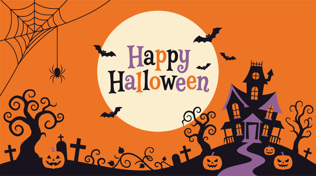 A spooktacular halloween scene a full moon illuminates a haunted house bats and jack o' lanterns in a festive autumn nightscape