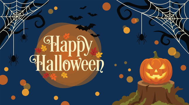 A spooky and delightful halloween background featuring a glowing jack o' lantern bats and webs for a festive and eerie october celebration