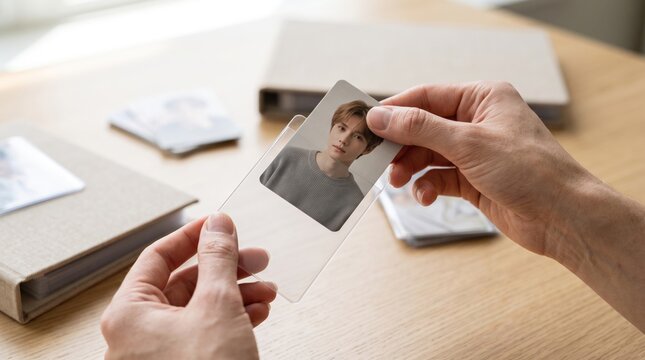 Holding Memories: Hands delicately hold a photo in a sleeve, surrounded by photo albums and scattered pictures, evoking a sense of nostalgia and cherished moments.