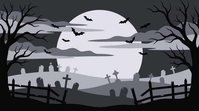 A chilling halloween night scene depicts a spooky haunted house silhouetted against a massive full moon with bats flying and a graveyard in the