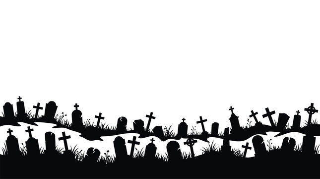 A spooky and eerie halloween graveyard scene with silhouetted tombstones against a stark white background perfect for festive designs and chilling celebrations