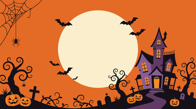 A spooky and delightful halloween scene a vibrant orange backdrop featuring bats a full moon a haunted house and ghoulish tombstones for a festive