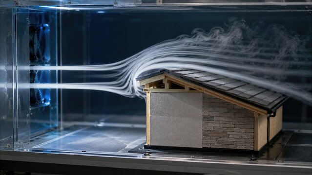 Wind Tunnel Test Showing Airflow Over Architectural House Model