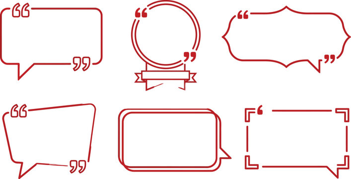 Minimalist red quote bubble set, 6 linear speech frame vectors, modern testimonial box collection for social media and web design
