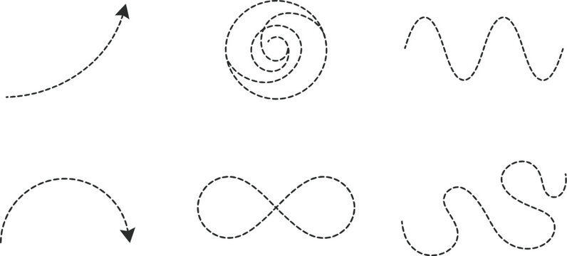 Minimalist dashed line arrows and geometric paths, 6 vector stroke elements, black dotted swirl and infinity symbols for diagrams