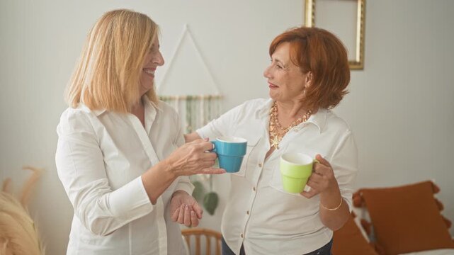 Two women clink blue and green coffee cups while smiling and showing hands in a studio; friendship joy.