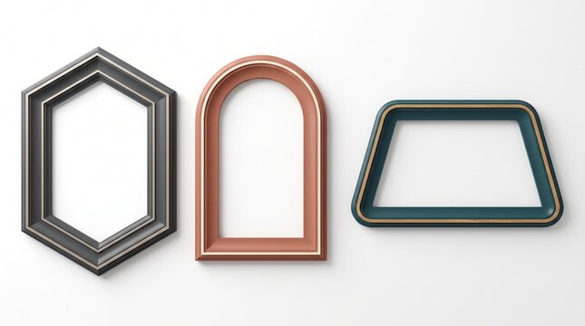 Geometric picture frames set with hexagon, arch, and trapezoid shapes. Modern metallic wall decor frames in black, copper, and teal. Minimalist interior design gallery wall mockups on white.