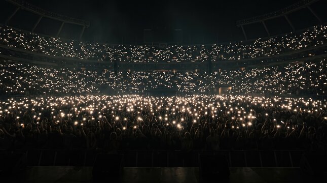 Stadium Full of Lights: A vast stadium filled with an illuminated crowd, showcasing a sea of lights in a breathtaking display of collective energy, perfect for a concert or sporting event atmosphere.