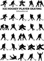 Naklejka premium Ice Hockey Player Skating Action Silhouette Set Black White Sport Bundle Vector Illustration Isolated White Background 
