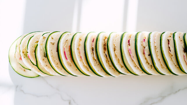 Sliced zucchini rolls stuffed with creamy filling on white platter