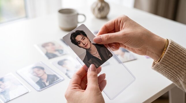 Collecting Memories: Hands carefully arrange a collection of photo cards, showcasing a captivating portrait, hinting at a passion for collecting and fan culture.