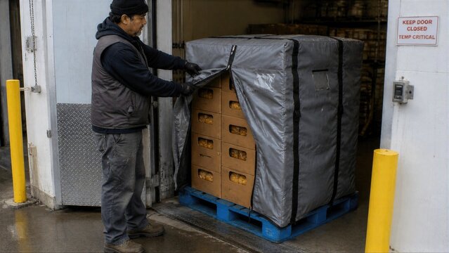 Worker Securing A Thermal Cover Over Produce Boxes At Cold Storage