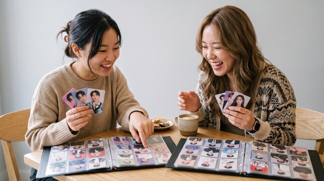 K-Pop Fanatics Sharing Photocards: Two young women excitedly share and organize photocards, engrossed in their shared hobby and fandom.