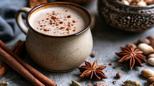 Ceramic mug filled with spiced hot drink topped with cinnamon powder beside star anise