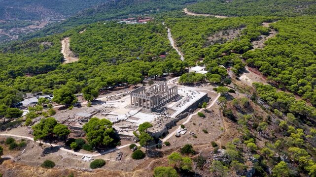 Panoramic aerial view of the ancient Temple of Aphaia at Aegina Island, Saronic Gulf, Greece