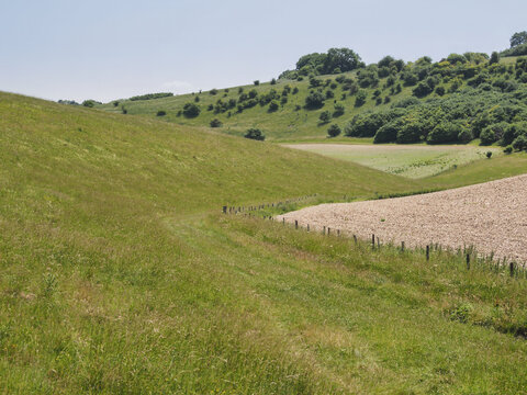 Scenic view looking along the winding grassy valley and rolling hills of Hippenscombe Bottom on the Hippenscombe Estate in Wiltshire, UK