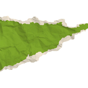 Torn green paper scrap with ragged edges and crumpled realistic texture