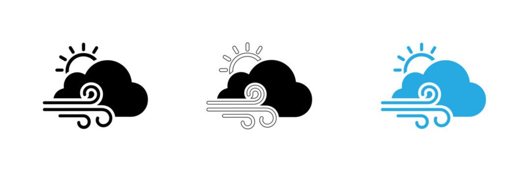 Weather icon set featuring a cloud with sun and wind swirls in different styles