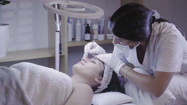 Gentle cotton swab application during a calming facial treatment