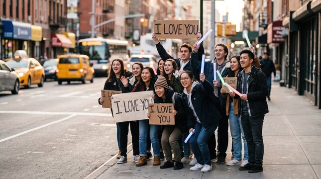 Urban Affection: A joyful group of young adults expresses their love with handmade signs and glowing sticks on a busy city street, surrounded by the bustling energy of urban life.
