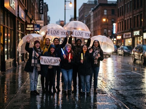 Street Love Declaration: A group of joyful individuals under umbrellas declare their love in the rain, holding signs that read I LOVE YOU and glowing sticks.