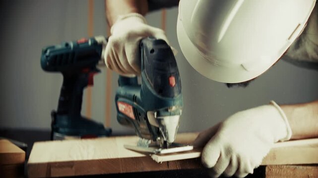 Carpenter Cutting Wooden Board With Electric Jigsaw Tool 