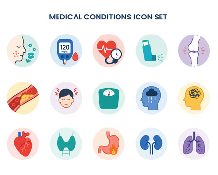 Set of flat medical condition icons featuring allergies, diabetes, hypertension, asthma, arthritis, cholesterol, migraine, obesity, depression, anxiety, heart disease, GERD, kidney disease, and COPD