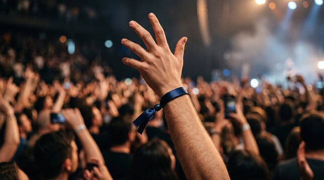 Concert Crowd: An outstretched hand with a wristband, silhouetted against the dazzling lights of a vibrant concert, signifies the shared energy and excitement of a passionate audience.
