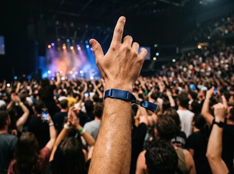 Concert Enthusiast's Exuberance: A fan raises their hand with a rock-and-roll gesture, immersed in the electrifying atmosphere of a packed concert.