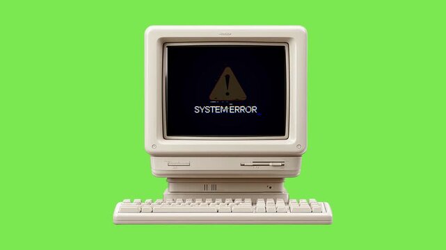 Retro computer with system error warning screen message isolated on green screen background chroma key vintage PC monitor