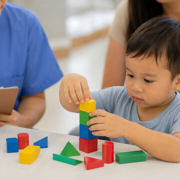 Asian toddler stacking colorful blocks during fine motor and cognitive developmental assessment in pediatric clinic