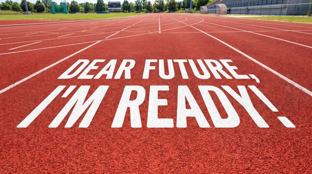 Dear future im ready text written on a red running track
