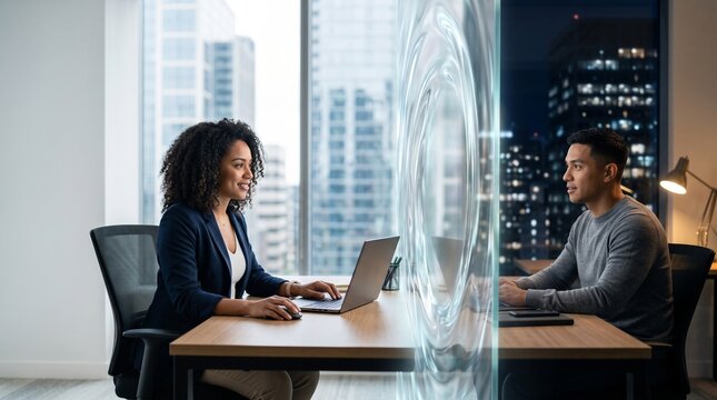 modern workstation divided by glowing transparent liquid glass time zone portal for global team