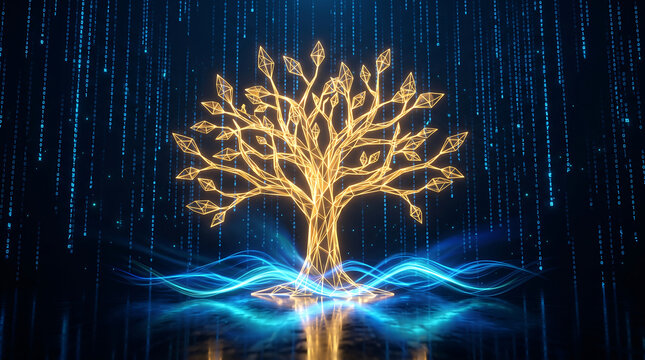 Digital tree of life with glowing golden lines and binary code rain on a dark blue background representing technology
