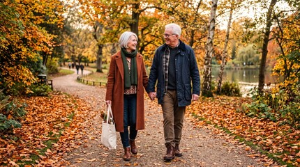 Fototapeta premium Elderly couple holding hands walking on path in autumn park