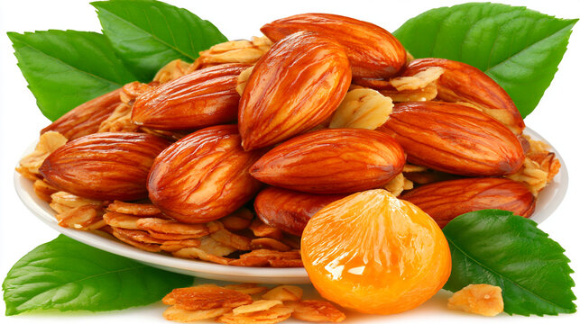 Almonds and dried fruit arranged on a plate with green leaves plate of nuts organic almo