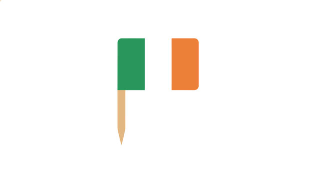 Toothpick flag of Ireland with green white and orange vertical stripes isolated on a plain white background.