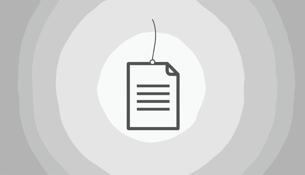 Document icon hanging from a string over a gradient background of concentric grey circles in flat outline.