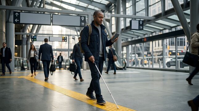 Independent Blind Man Navigating Modern Transit Hub Using White Cane and Smartphone Technology for Accessibility and Inclusion