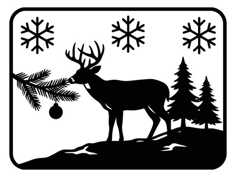 Reindeer standing in snowy pine forest frame