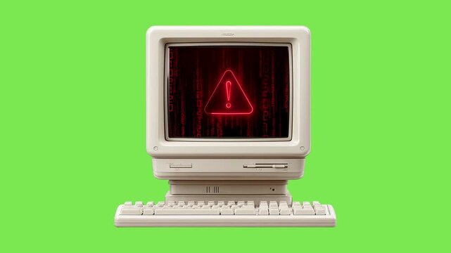 Vintage retro computer showing cyber security alert red warning triangle error virus on isolated green screen background