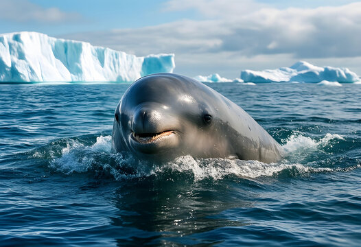 Climate change and arctic wildlife, beluga whale surfacing in cold ocean water with icebergs in the background