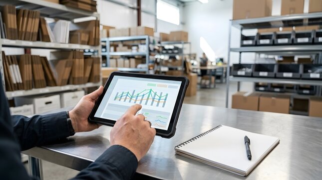 Professional warehouse manager analyzing business data and inventory statistics on a digital tablet in a distribution center