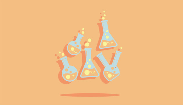 Floating chemistry beakers and test tubes with bubbling liquid in a playful flat vector style over peach.