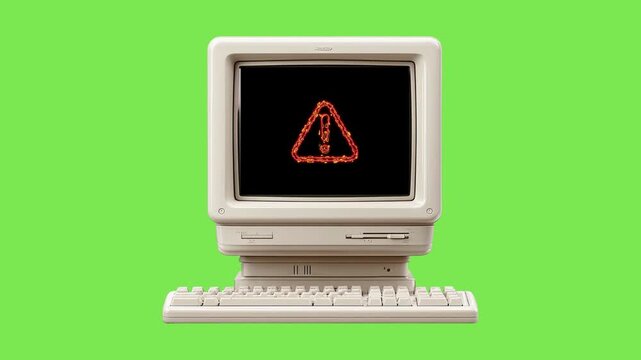 Retro vintage computer with glowing red warning error alert triangle on screen isolated over green screen background