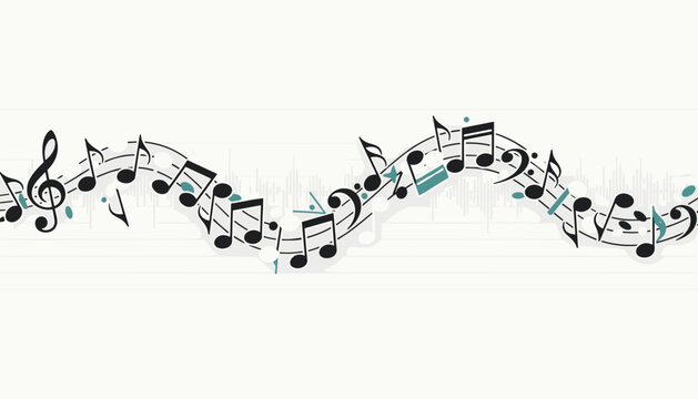 Dynamic wave of musical staff with floating notes and treble clef for concert invitations and creative sound designs.