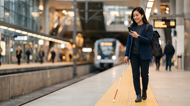 Young visually impaired Asian woman using smartphone and white cane while walking on a modern train station platform for daily commute