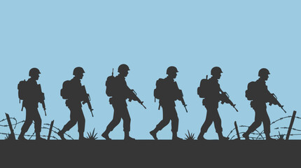 Obraz premium Army soldiers silhouettes marching past barbed wire against a blue sky